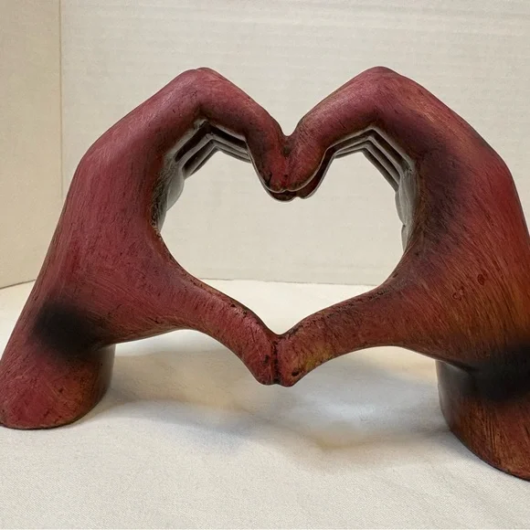 Wooden Hand Heart Sculptures - Pair in Deep Red - Picture 2 of 7